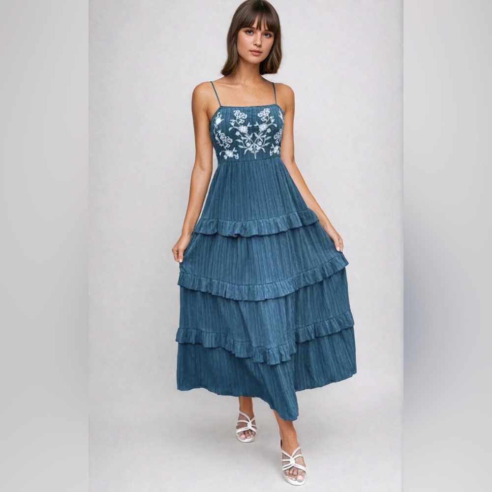 Floral Embroidered Layered Hem Cami Dress Blue - Picture 7 of 11